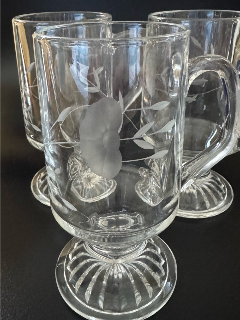 Princess House Vintage Heritage Clear Etched Glass Mugs with Floral Motif